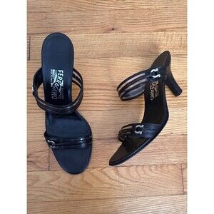 Ferragamo PVC Gancini Two-Strap Leather Heel Sandal Black Size 8.5